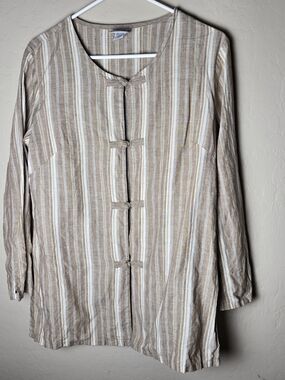 Two Star Dogs Striped Button-Front Tunic Shirt in Beige and Cream